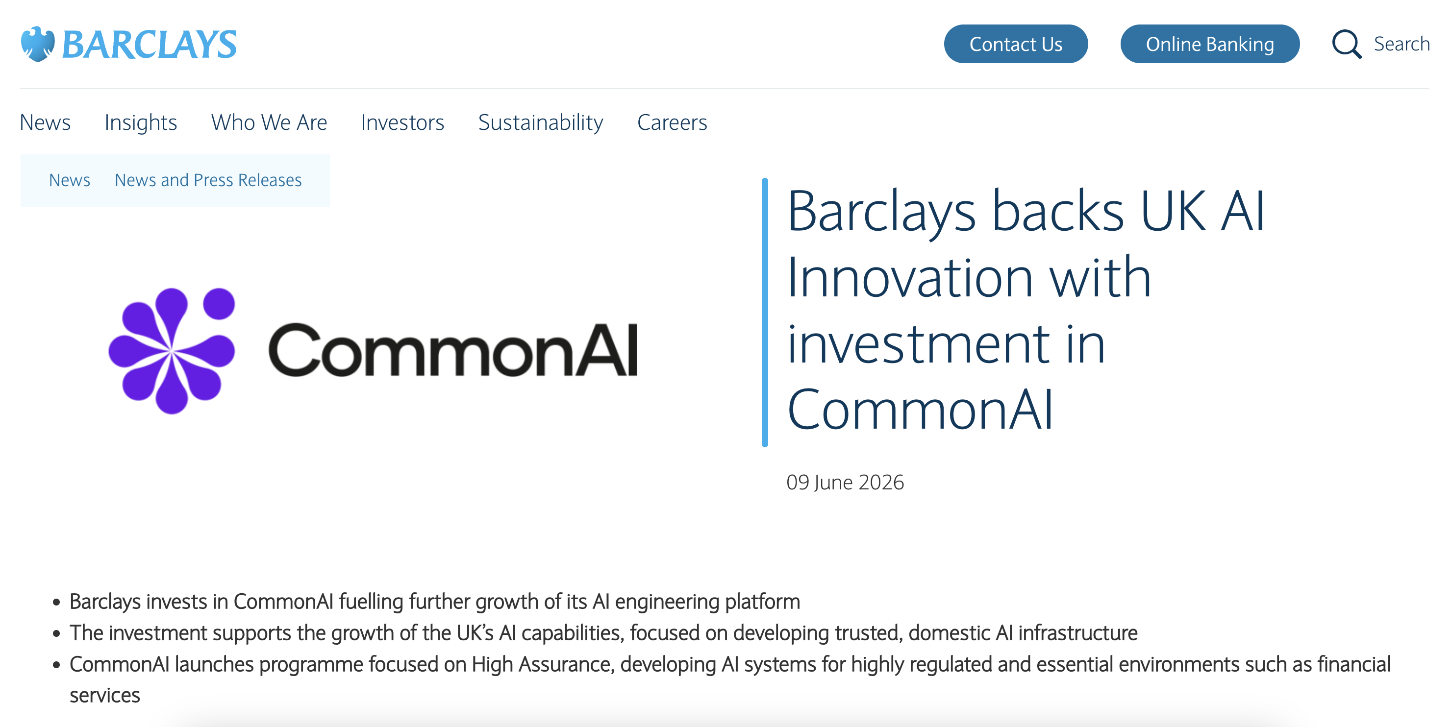 Barclays backs UK AI Innovation with investment in CommonAI